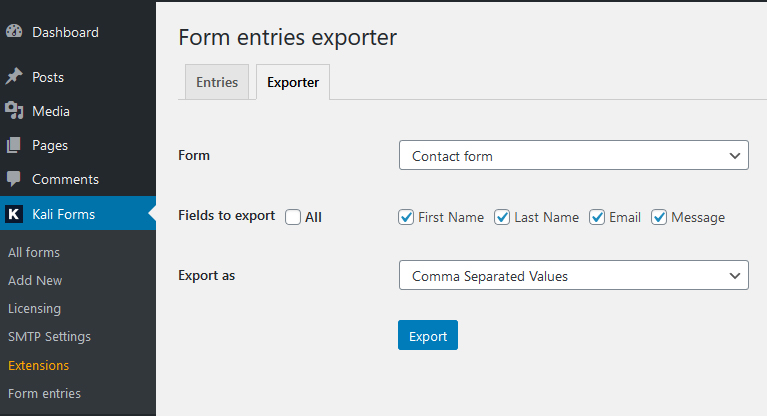 Form entries Exporter Tab