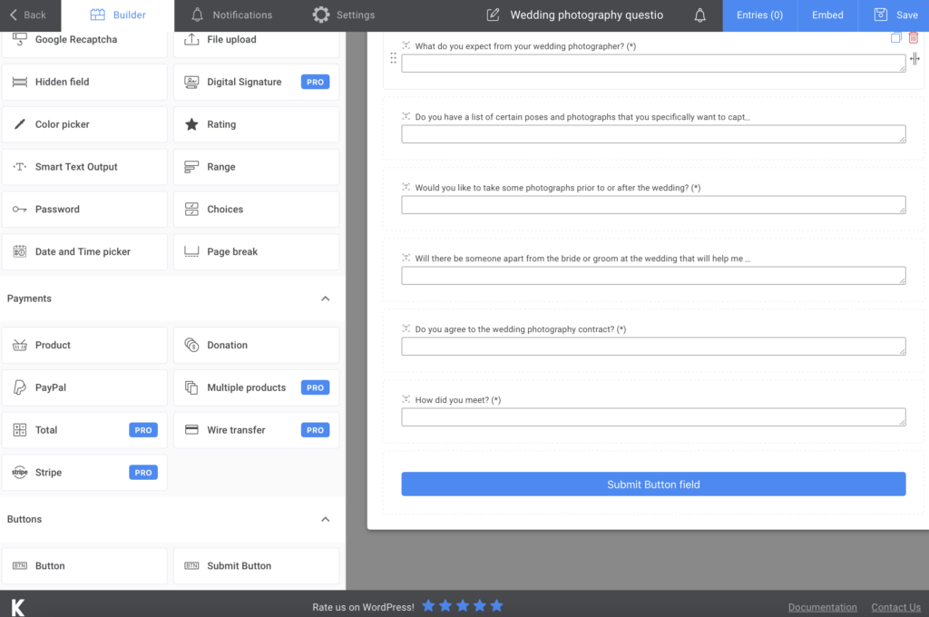 wedding photography questionnaire form