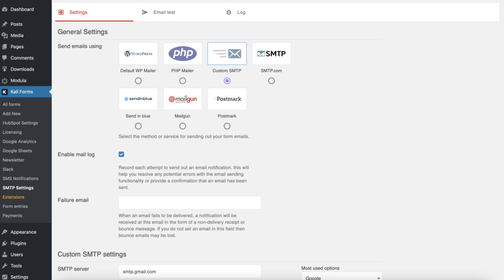 Custom SMTP settings