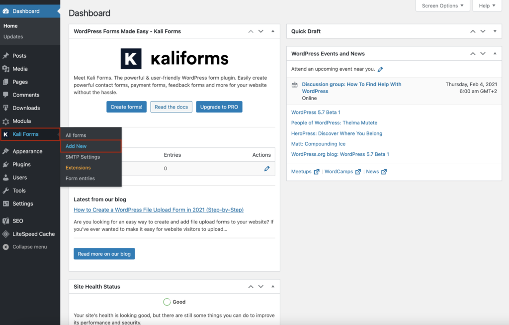 add new form to your website with Kali Forms