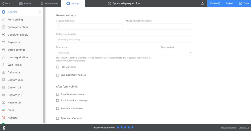 Settings for the sponsorship form