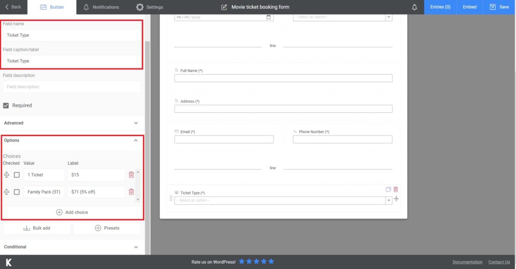 creating the ticket types