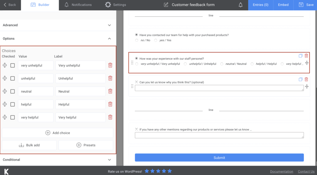 Likert Scale created with Kali Forms