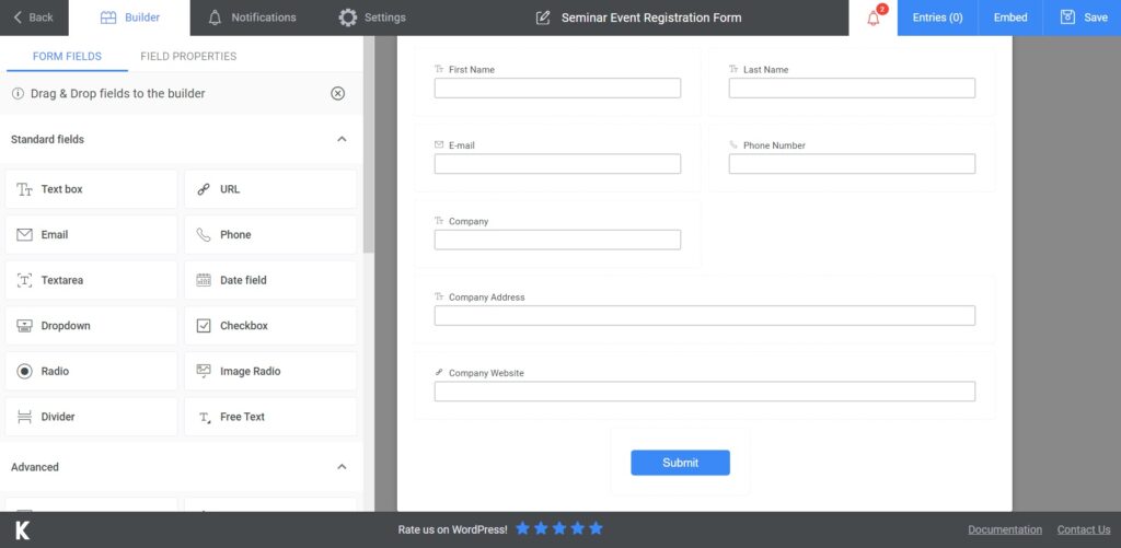 Seminar Event Registration Form Fields