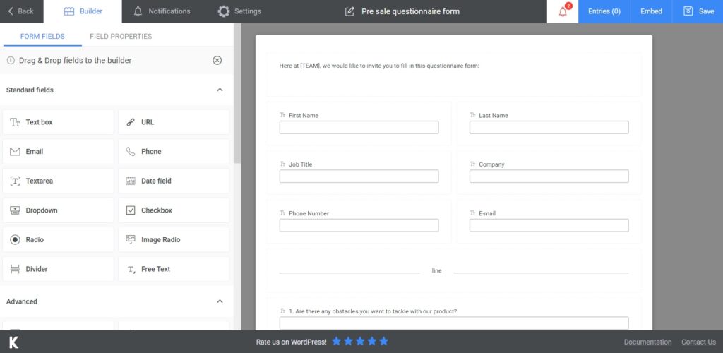 Pre sale questionnaire form model