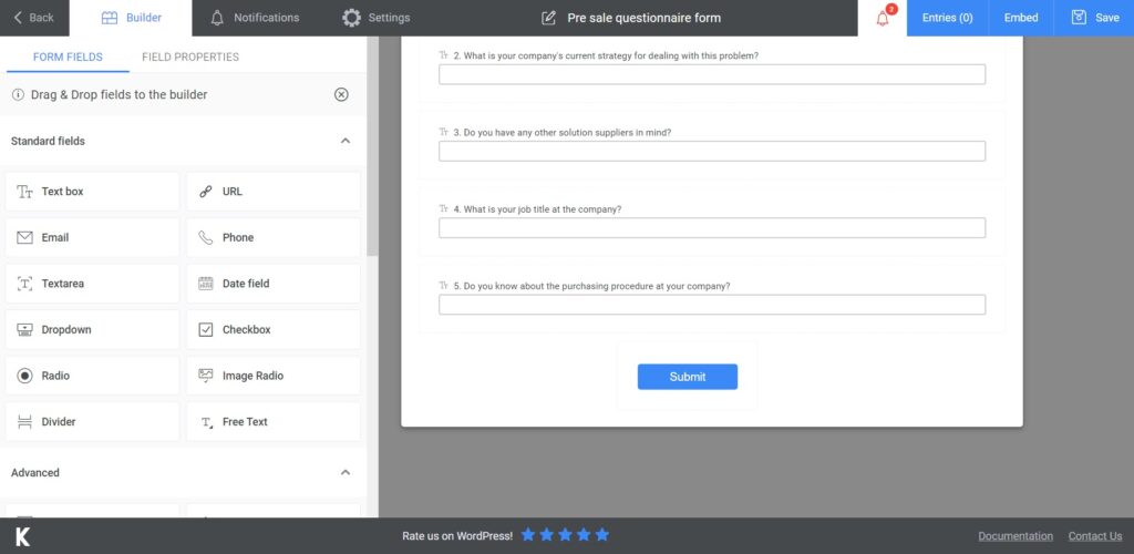 Pre sale questionnaire form model