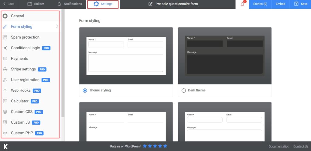 Kali Forms Settings Options