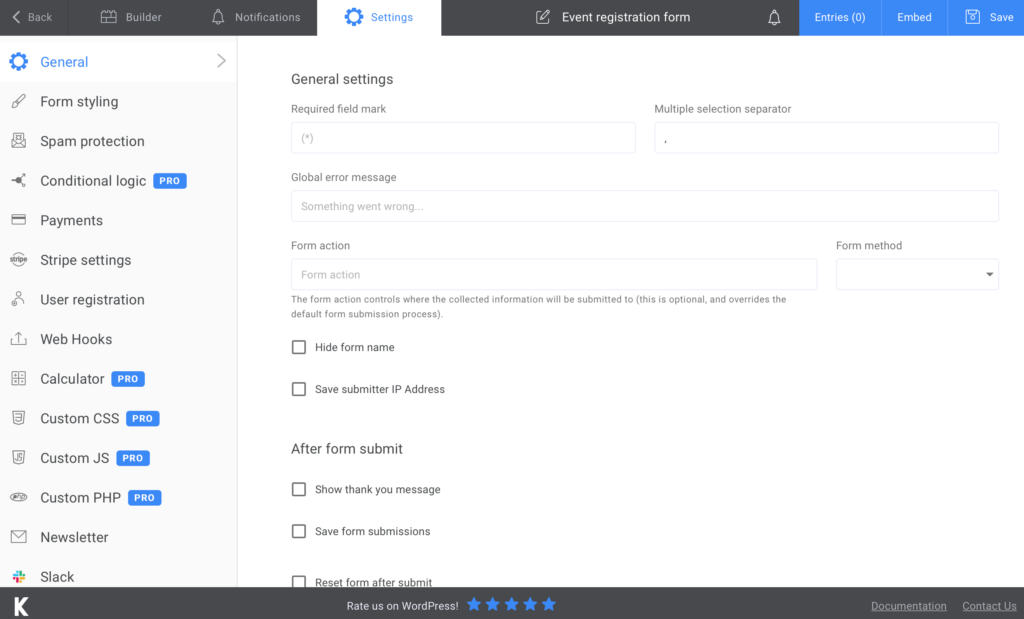 Settings for event sign up form